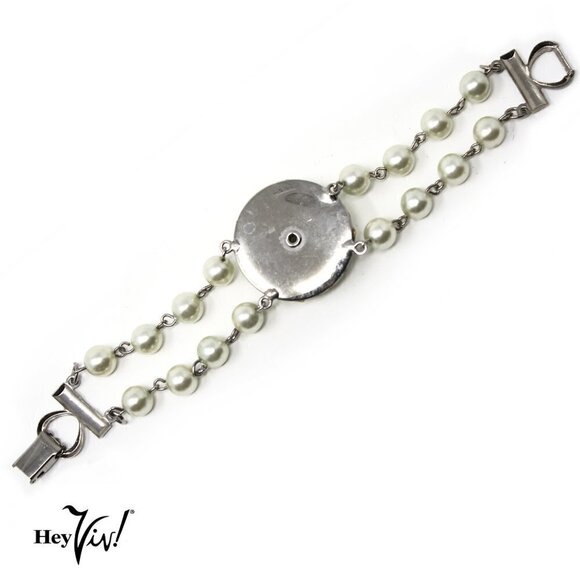 Vintage 2 Strand Pearl & Rhinestone Bracelet - Elegant Statement Style - Picture 2 of 5
